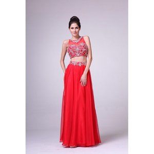 Women's Formal Open Back Illusion beaded 2 PCs Long Evening Gown prom dress